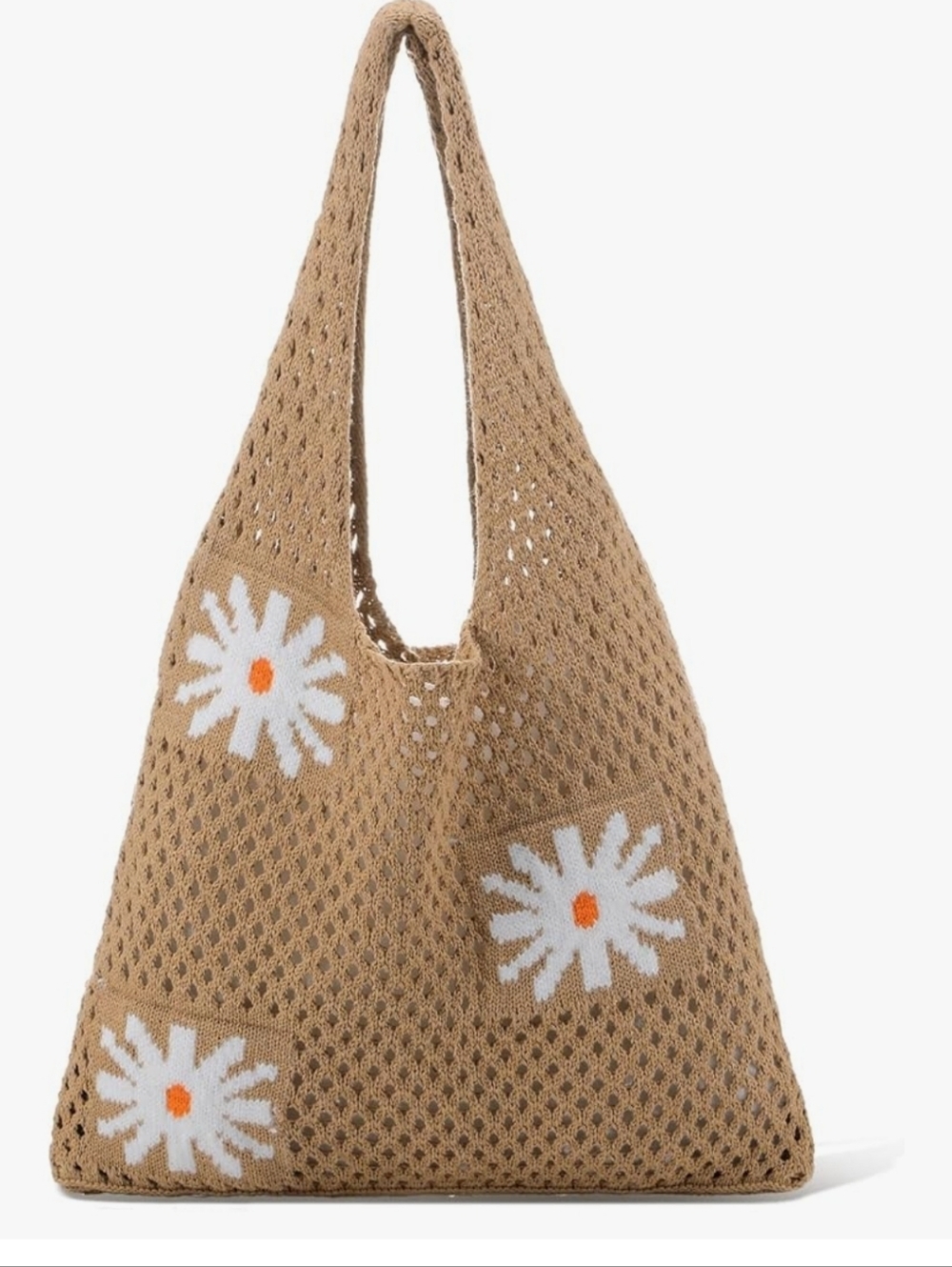 Boho Knit Daisy Tote Bag in Tan